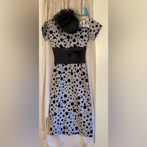 Black Grey Polk A Dot Retro Pinup Pencil Dress Bird Cage Hat Halloween Costume - Picture 1 of 16